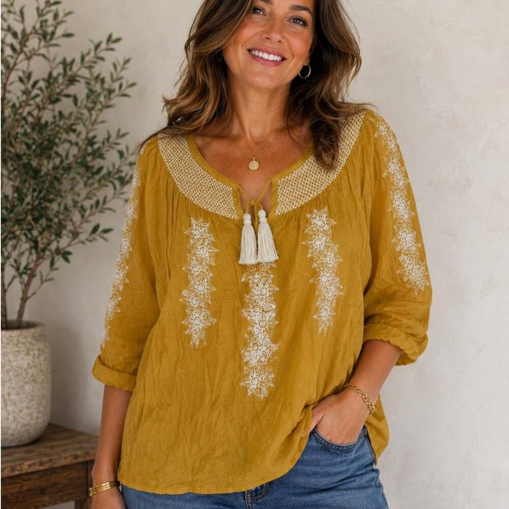 Soft Surroundings Lauralin Embroidered Tasseled Blouse Plus Size 2X Mustard Top
